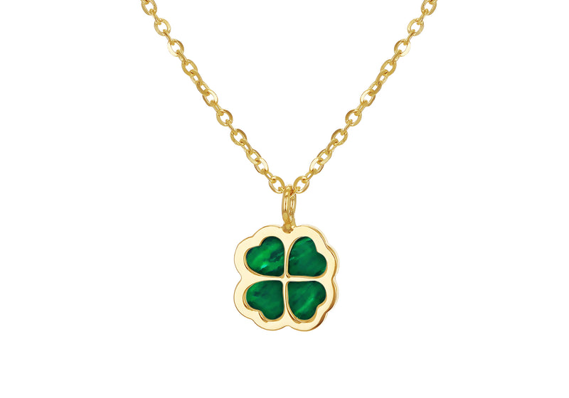 9ct Yellow Gold Malachite Four Leaf Clover Petal Necklace