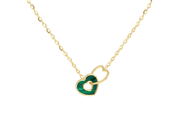 9ct Yellow Gold Malachite Interlocked Heart Necklace