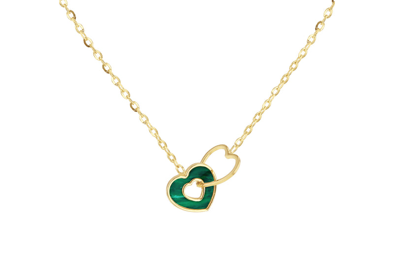 9ct Yellow Gold Malachite Interlocked Heart Necklace