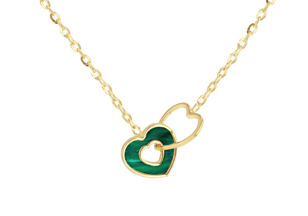 9ct Yellow Gold Malachite Interlocked Heart Necklace