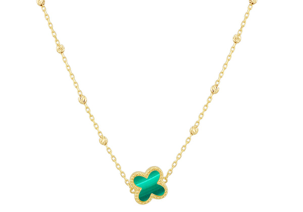 9ct Yellow Gold Malachite Clover Ball Chain Necklace