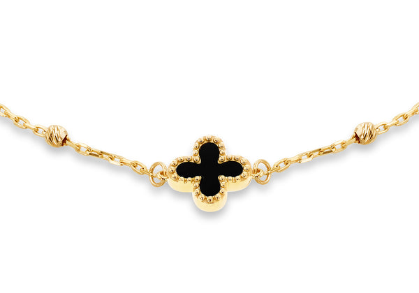 9ct Yellow Gold Black Onyx Clover Ball Chain Bracelet