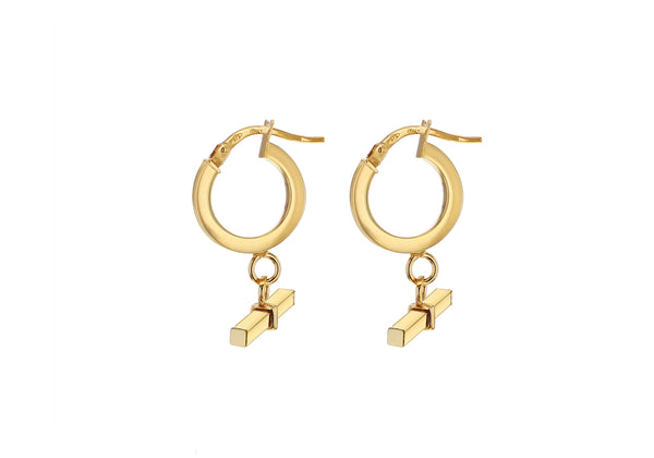 9ct Yellow Gold Square T-Bar Creole Hoop Earrings