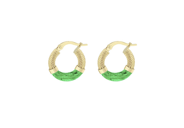 9ct Yellow Gold Green Enamel Twisted Hoop Creole Earrings