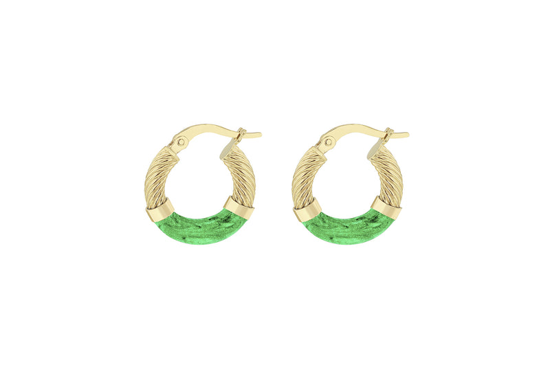 9ct Yellow Gold Green Enamel Twisted Hoop Creole Earrings