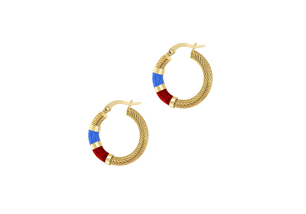 9ct Yellow Gold Blue and Red Enamel Twist Creole Earrings