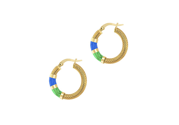 9ct Yellow Gold Blue and Green Glaze Twist Hoop Earrings