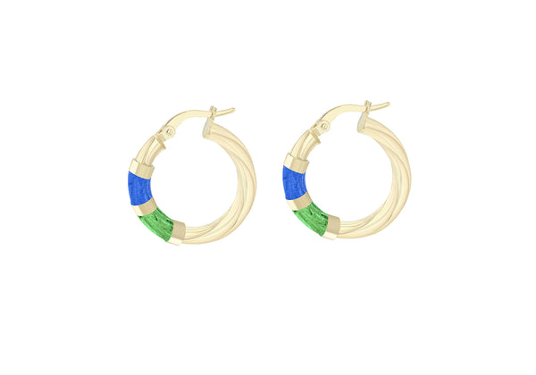 9ct Yellow Gold Blue and Green Glaze Twist Hoop Earrings