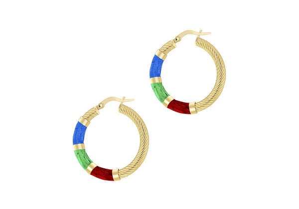 9ct Yellow Gold Blue, Green and Red Glaze Twist Hoop Earrings