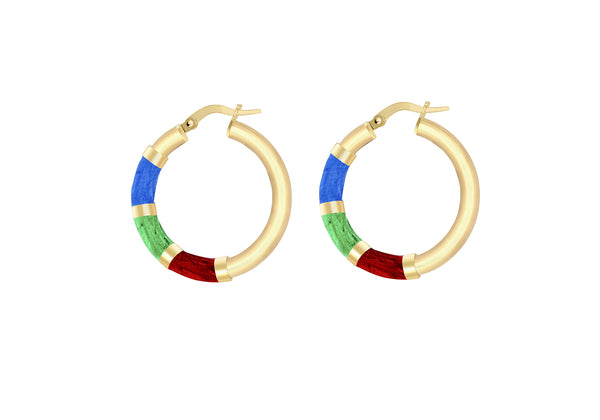 9ct Yellow Gold Triple Colour Enamel Polished Hoop Creole Earrings