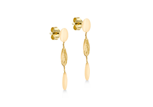 9ct Yellow Gold Oval Satin & Gloss Drop Stud Earrings