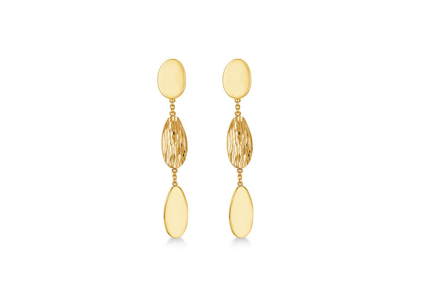 9ct Yellow Gold Oval Satin & Gloss Drop Stud Earrings