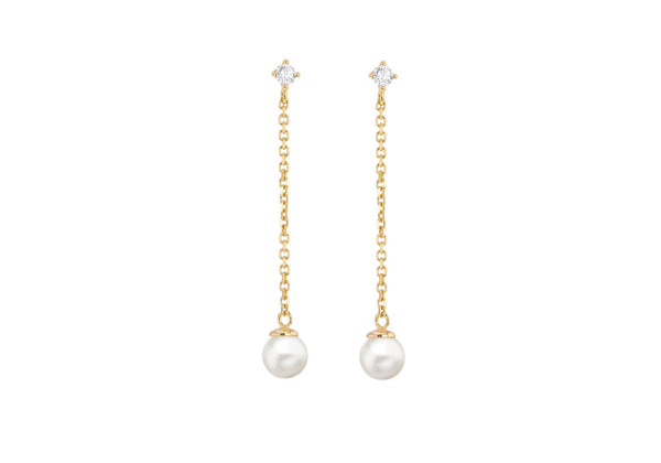 9ct Yellow Gold White Zirconia and Pearl Chain Drop Stud Earrings