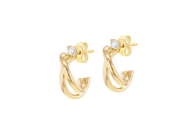 9ct Yellow Gold White Zirconia Crossover Hoop Stud Earrings