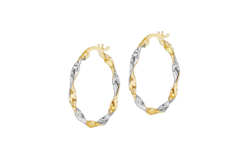 9ct Yellow Gold Two-Tone Gold Diamond Cut Twirl Hoop Earrings