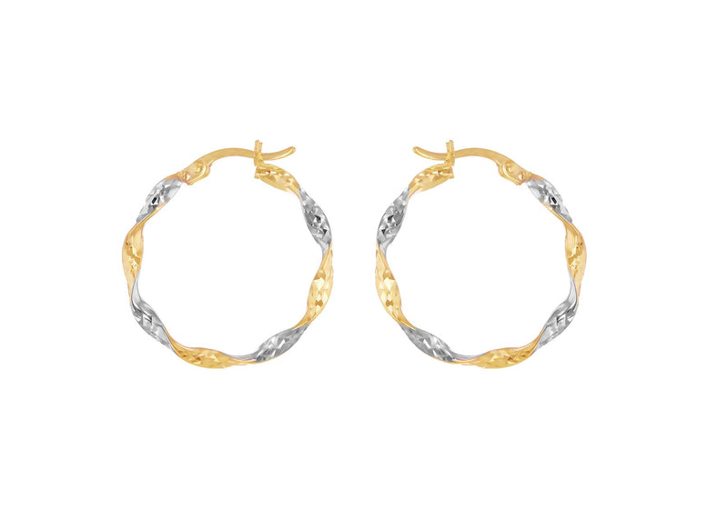 9ct Yellow Gold Two-Tone Gold Diamond Cut Twirl Hoop Earrings