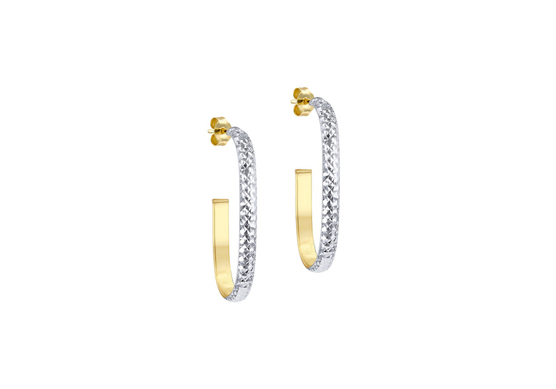 9ct Yellow Gold Two-Tone Gold Diamond Cut Rectangle Hoop Earrings