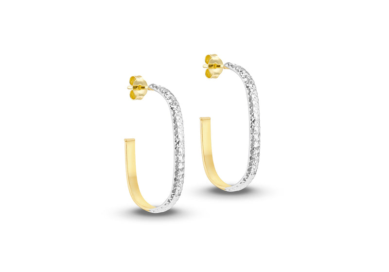 9ct Yellow Gold Two-Tone Gold Diamond Cut Rectangle Hoop Earrings