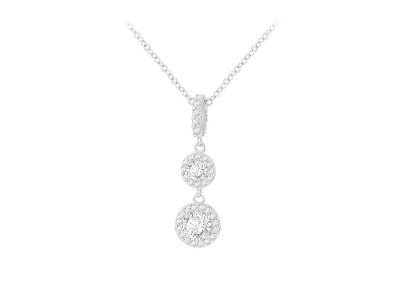 9ct White Gold Zirconia Double Halo Drop Necklace