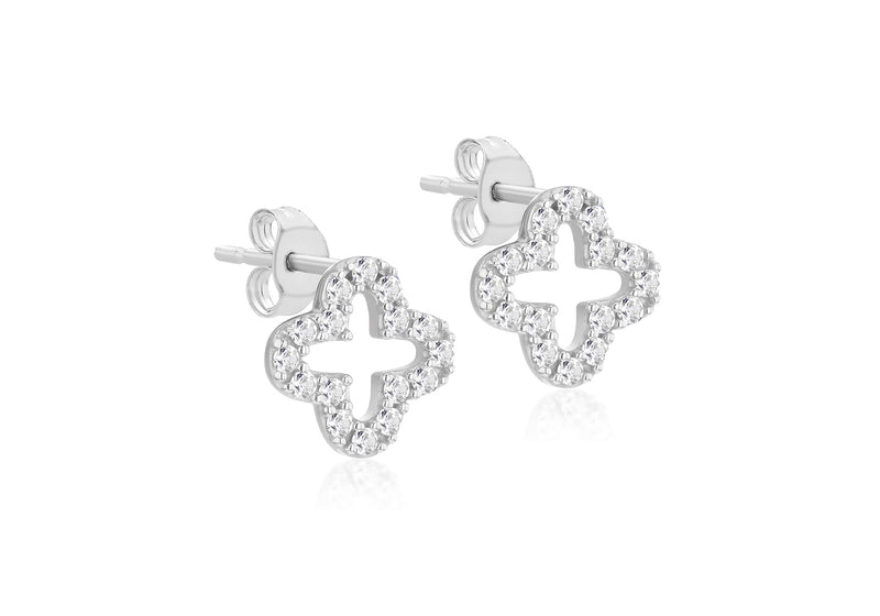 9ct White Gold Zirconia Clover Stud Earrings