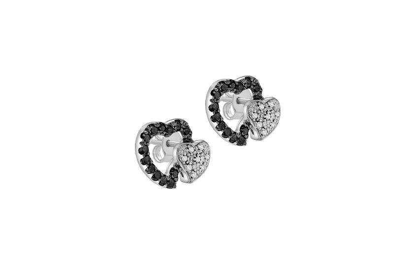 9ct White Gold 0.40ct Black and White Diamond Double Heart Stud Earrings