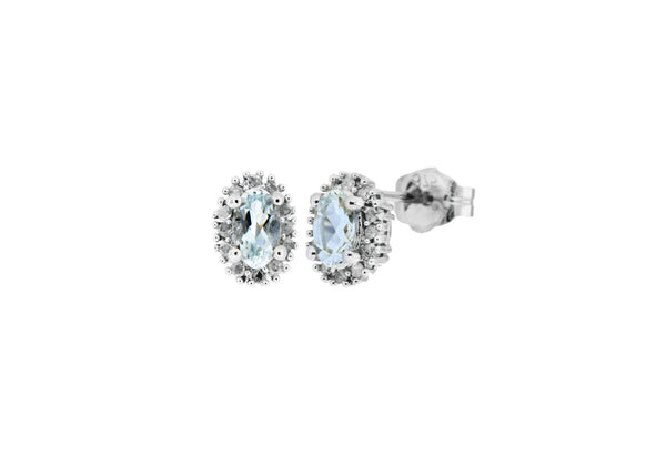 9ct White Gold 0.10ct Diamond Cluster Oval Aquamarine Stud Earrings