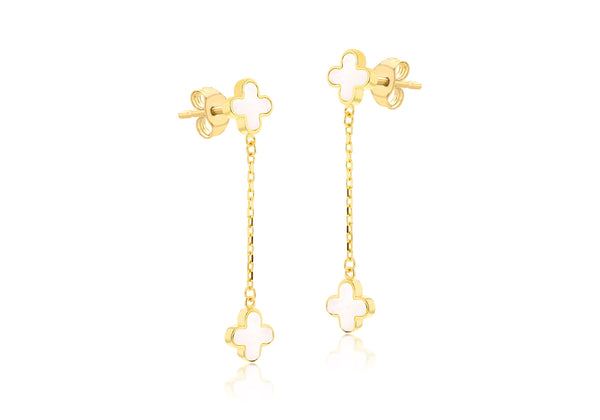 18ct Yellow Gold Mother Of Pearl Clover Petal Drop Stud Earrings