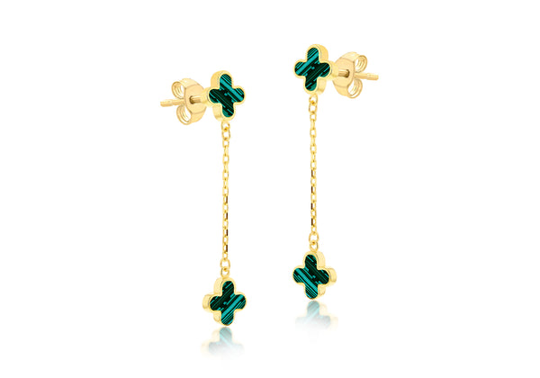 18ct Yellow Gold Malachite Clover Petal Drop Stud Earrings