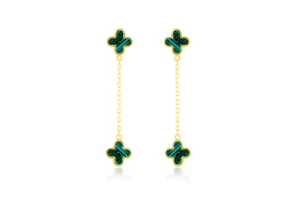 18ct Yellow Gold Malachite Clover Petal Drop Stud Earrings