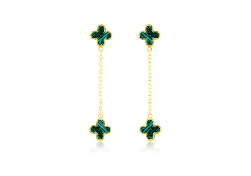 18ct Yellow Gold Malachite Clover Petal Drop Stud Earrings