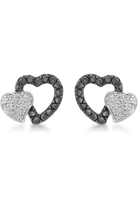 9ct White Gold 0.40ct Black and White Diamond Double Heart Stud Earrings