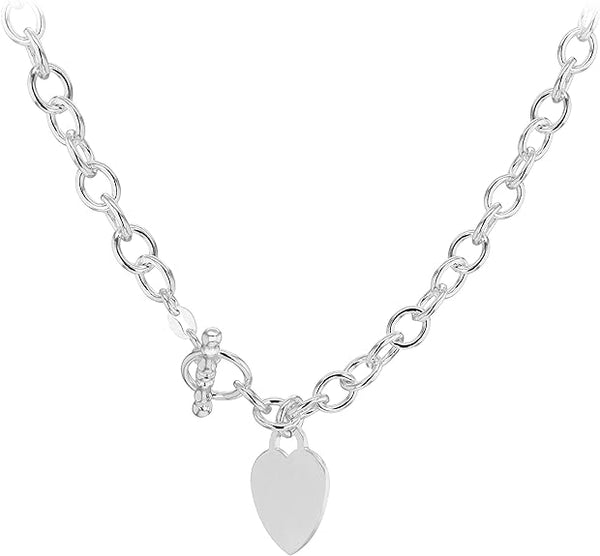 Sterling Silver Heart Charm Belcher Chain T-Bar Necklace