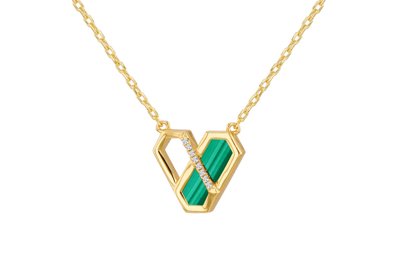 Gold Plated Sterling Silver Hex Heart Malachite Zirconia Pendant