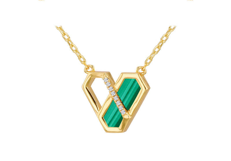 Gold Plated Sterling Silver Hex Heart Malachite Zirconia Pendant