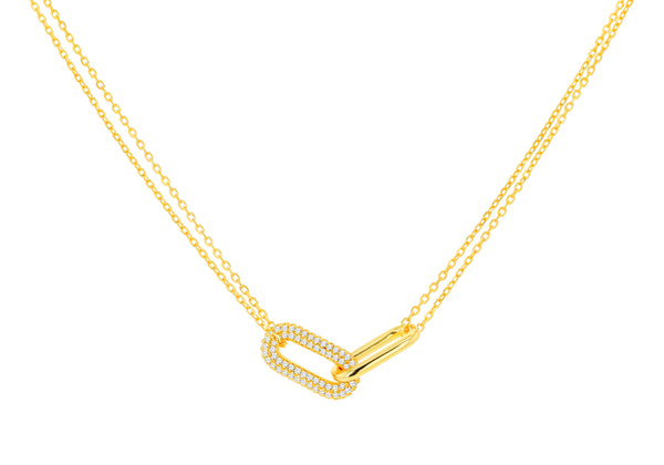 Gold Plated Sterling Silver Interlinked Paper Link Zirconia Necklace