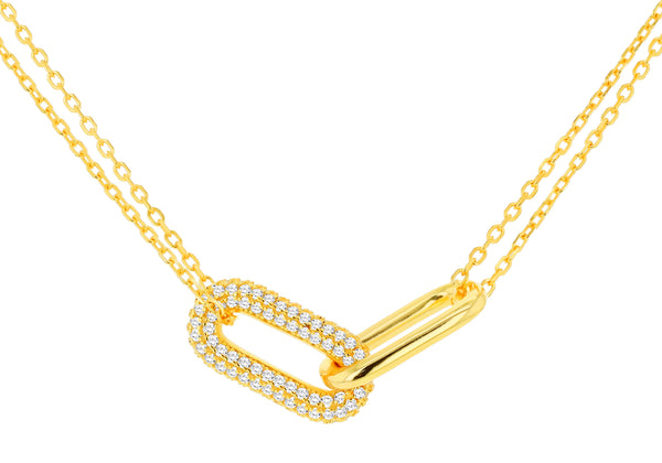 Gold Plated Sterling Silver Interlinked Paper Link Zirconia Necklace