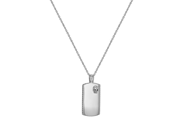 Sterling Silver Skull Satin Plated Edge Dog Tag Necklace