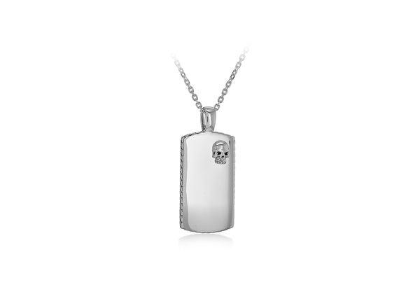 Sterling Silver Skull Satin Plated Edge Dog Tag Necklace