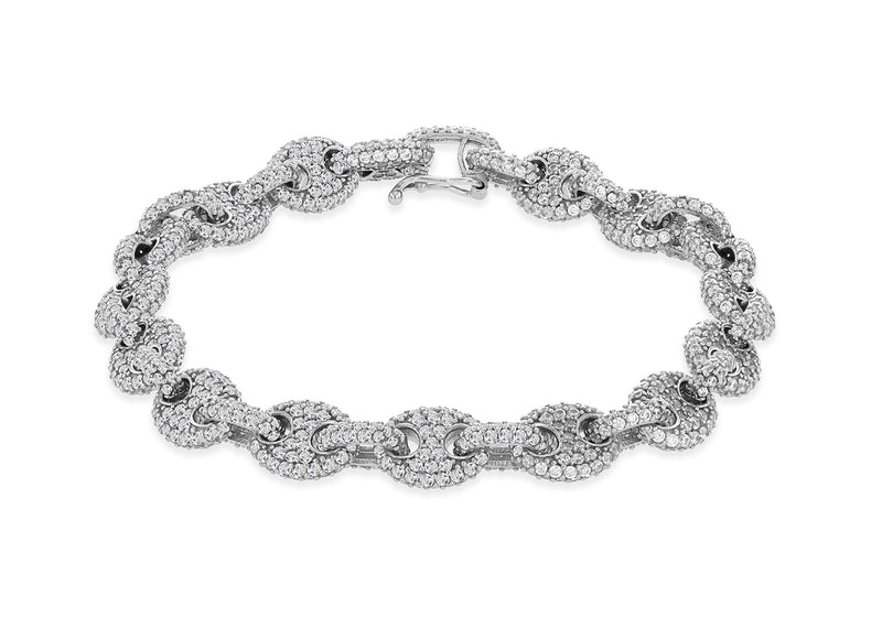 Sterling Silver White Zirconia Encrusted Bean Links Bracelet