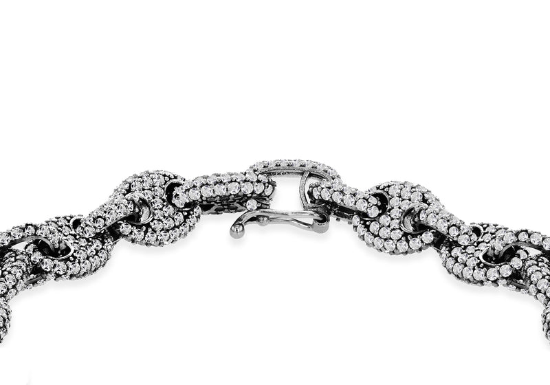 Sterling Silver Black Rhodium & White Zirconia Encrusted Bean Links Bracelet