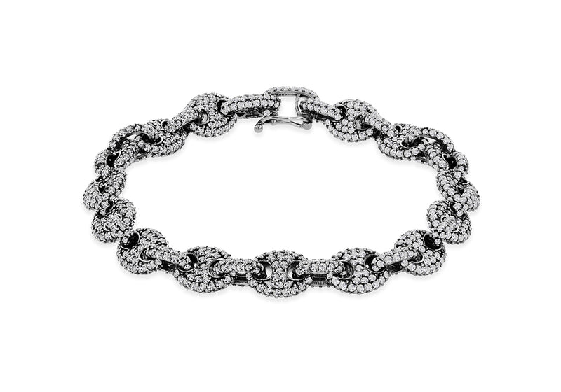 Sterling Silver Black Rhodium & White Zirconia Encrusted Bean Links Bracelet