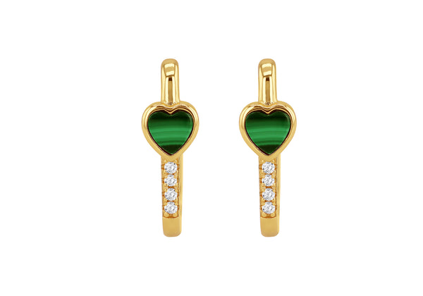 Yellow Gold Plated Sterling Silver Heart Malachite & White Zirconia Earrings