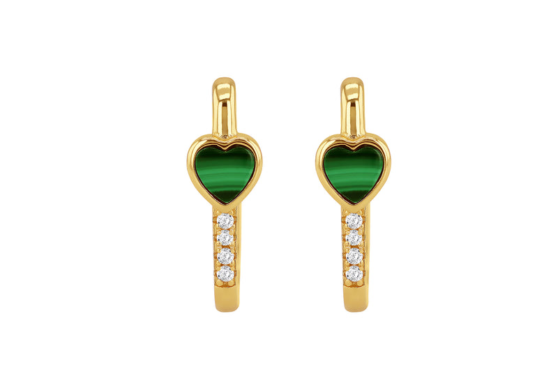 Yellow Gold Plated Sterling Silver Heart Malachite & White Zirconia Earrings