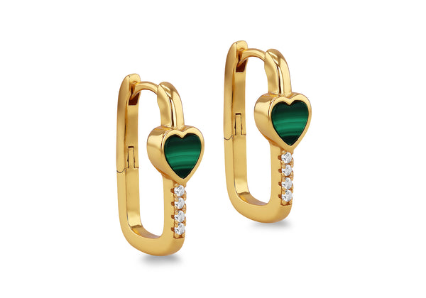 Yellow Gold Plated Sterling Silver Heart Malachite & White Zirconia Earrings