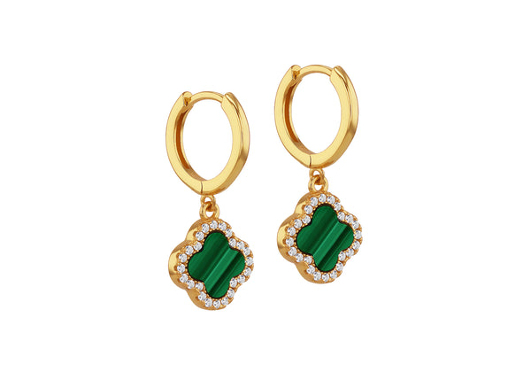 Yellow Gold Plated Sterling Silver Malachite & White Zirconia Clover Earrings