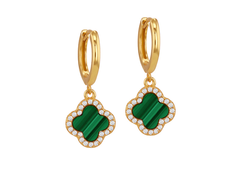 Yellow Gold Plated Sterling Silver Malachite & White Zirconia Clover Earrings