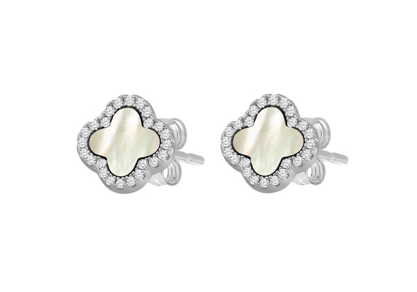 Sterling Silver Mother Of Pearl White Zirconia Clover Stud Earrings