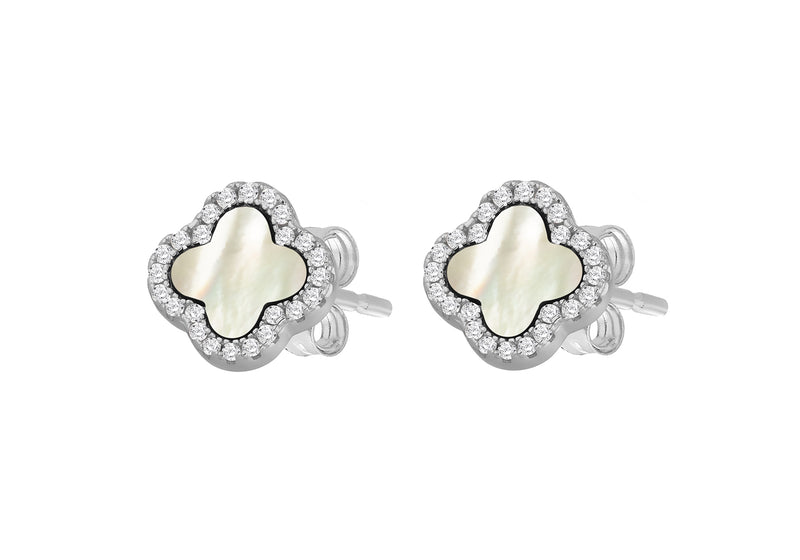 Sterling Silver Mother Of Pearl White Zirconia Clover Stud Earrings