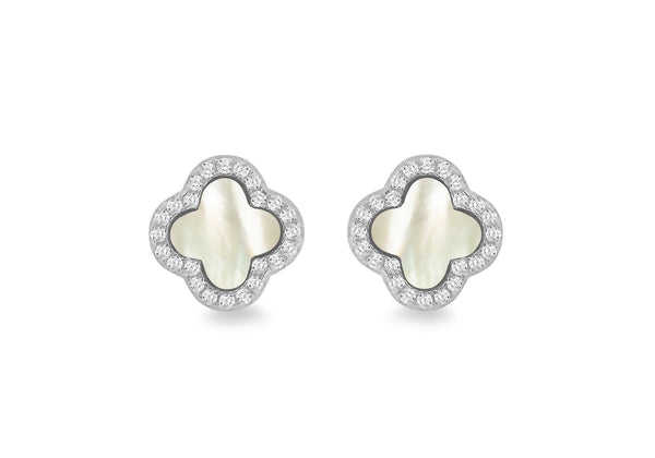 Sterling Silver Mother Of Pearl White Zirconia Clover Stud Earrings