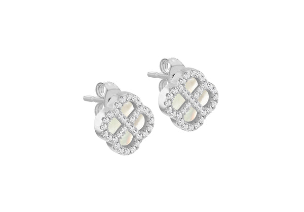 Sterling Silver Mother Of Pearl & White Zirconia Clover Stud Earrings